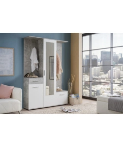 MOBILE DA INGRESSO "BARCELLONA" CON SPECCHIO, CASSETTI E APPENDIABITI BIANCO E CEMENTO, 133X33X197 CM